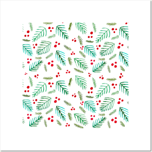 Christmas tree branches and berries - green and red Posters and Art